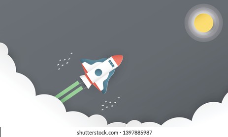 Vector illustration with startup concept in paper cut, craft and origami style. Rocket is on blue sky background. Template design for web banner, poster, cover, advertisement. Art craft for kid.