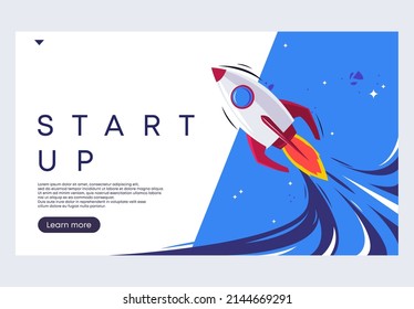 Vector illustration of the startup concept, the start page of the website is a business startup, a rocket is flying into space