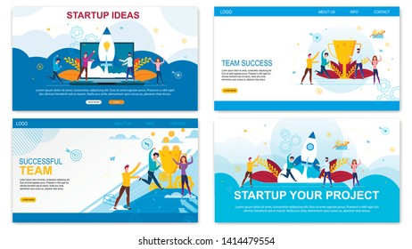 Vector Illustration Startup Ideas, Successful Time. Banner Flat Inscription Startup Your Project, Time Success. Employees Rejoice in Gains from Joint Work. Men and Women Launch New Project and Ideas.