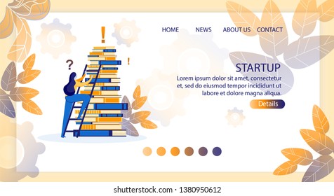 Vector Illustration Startup, Lettering Cartoon. Woman Climbs Up Stairs on Folded Books. Course Successful Leadership and Speech. Seminar for Professional Speaker and Coach. Landing Page.