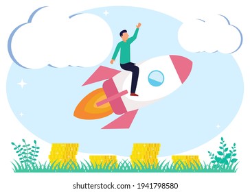 Vector illustration of startup project launch with innovative entrepreneurial concept, businessperson's idea. Scene, creative breakthrough for growth. Start and start the work process.