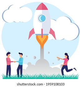 Vector illustration of startup project launch with innovative entrepreneurial concept, businessperson's idea. Scene, creative breakthrough for growth. Start and start the work process.
