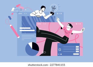 Vector illustration of startup, web design and development. Creative concept for web banner, social media banner, business presentation, marketing material.