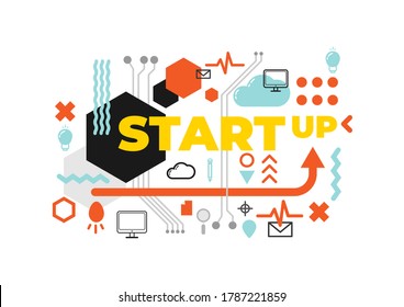 Vector illustration startup word with element on background. Dynamic geometric shapes compositions. Flat and clean style. Applicable for any graphic works.