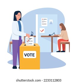 Ejemplo vectorial de las elecciones estatales. Escena de caricatura con chicas que vinieron a votar por el presidente o partido con antecedentes blancos.