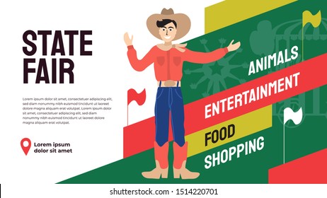 Vector Illustration For State Fair With Big Tex, Announcement Entertainment. Event Poster With Ferris Wheel, Flags. Design Template For Invitation, Landing Page, Layout, Banners, Prints, Flyer, Web. 