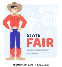 Vector illustration for State Fair with cowboy, ferris wheel, flags,food truck, amusement park, farmer, country fair.  