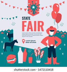 Vector Illustration For State Fair With Food And Drink, Amusement Park, Market, Ferris Wheel, Farmer, Farm Animals, Country Fair. Template For Banner, Poster, Flyer, Invitation, Advertisement, Ticket.