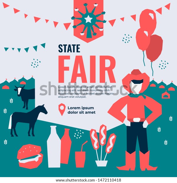 Vector illustration for State Fair with food and\
drink, amusement park, market, ferris wheel, farmer, farm animals,\
country fair. Template for banner, poster, flyer, invitation,\
advertisement, ticket.
