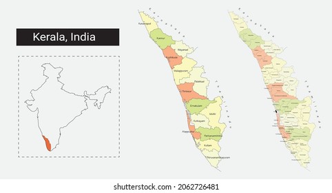 Vector Illustration of state map of Kerala, India with multi-colors for districts and divisions. Included a separate map showing location of Kerala in Indian map