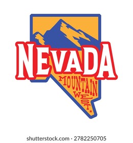 Vector illustration of the state of Nevada shape featuring a stylized blue mountain range, with the bold text 