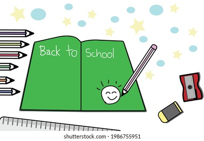 Vector illustration Stationary equipment (book, Pencil, Eraser, Sharpener, Ruler, Paper) with space for use in decoration, back to school concept