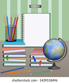 vector illustration of stationery beautifully arranged on the table. the bright colors of pencils, a globe and books folded around the notebook sheet