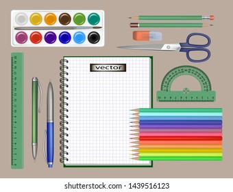 vector illustration of stationery is beautifully laid out on the table. the bright colors of the pencils ruler watercolor paint with brush and Transporter around the notebook sheet