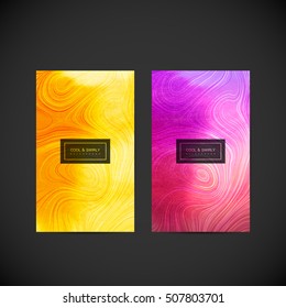 Vector illustration of stationery design. Marble or acrylic texture imitation. Branding template of brochure, leaflet or flyer with curl vortex pattern and watercolor texture.