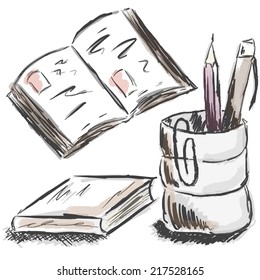 Vector illustration of stationery isolated on white background. Book, open notebook, pen glass in doodle style with watercolor details. Sketch set for web, design, decoration, billboard