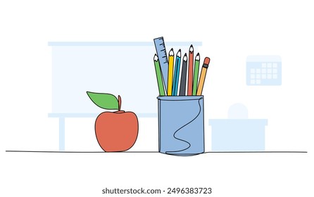 Vector illustration of stationery items. Modern flat in continuous line style.