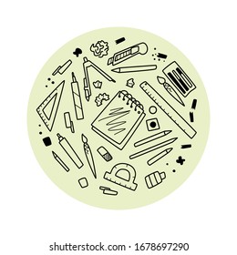 Vector illustration of stationery items in a round composition