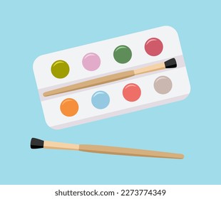 Vector illustration Stationery items for school. Goods for training. Back to school. Paints and brush. Education background Art supplies Artist Art Studio Chancellery Draw Accessories for drawing