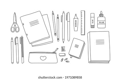 Vector illustration of stationery. Notebooks, books, pens, pencils, markers, scissors, glue, notebook, pencil case. Suitable for illustrating the learning process, stationery stores. Line art.