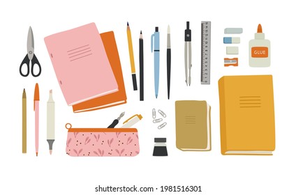 Vector illustration stationery  office  Notebooks  books  pens  pencils  markers  pencil case  rubber bands  scissors  compasses  paper clips  ink  Suitable for illustrating the learning process 