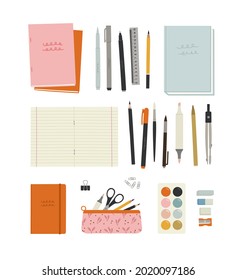 Vector illustration of stationery, office, school tools. Notebooks, notebooks, book, sketchbook, pens, pencils, markers, liner, pencil case, rubber bands, scissors, compasses, paper clips, erasers.