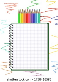 Vector illustration stationery set for drawing with colored pencils vertical with a painted background