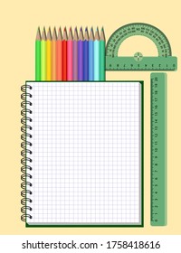 Vector illustration stationery set for drawing with colored pencils vertical