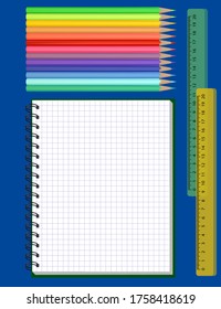 Papel de ilustración vectorial establecido para dibujar con lápices de colores verticales con reglas para dibujar