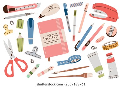 Vector illustration of stationery, set of notebooks, scissors, pens, pencils, markers doodles, stapler, tape, and brushes. Flat cartoon style, perfect for school, office, art, and organization themes