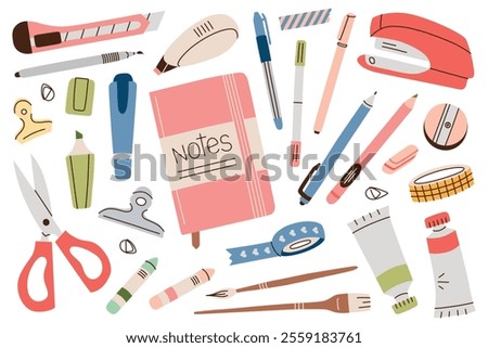 Vector illustration of stationery, set of notebooks, scissors, pens, pencils, markers doodles, stapler, tape, and brushes. Flat cartoon style, perfect for school, office, art, and organization themes
