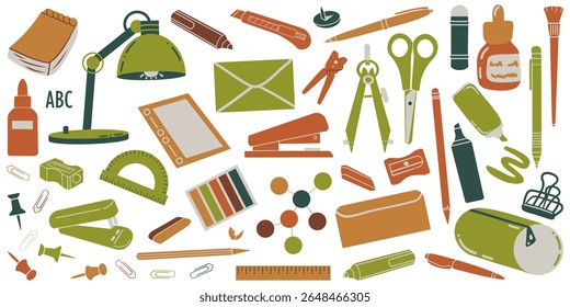 Vector illustration of stationery, set of notepads, scissors, pens, pencils, markers, drawings, stapler and brushes. Flat cartoon style, perfect for school, office, art and organization themes.