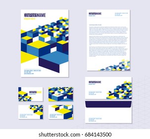 Vector illustration of stationery set with sheet of paper, folder, envelope, business cards template