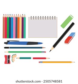 Vector illustration of stationery supplies. Notebook, notepad, calculator, ruler, school accessories, items. Sketchbook, note book, diary, stationary tools composition. Cartoon flat back to school