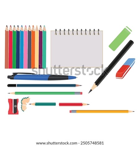 Vector illustration of stationery supplies. Notebook, notepad, calculator, ruler, school accessories, items. Sketchbook, note book, diary, stationary tools composition. Cartoon flat back to school