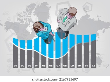 a vector illustration, a statistic graph with two cartoons characters ( top view )