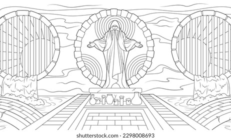 Vector illustration, statue altar for worship, water drains, coloring book.