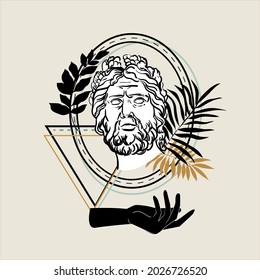 Vector illustration of Statue of the ancient Greek god. Greece symbolism. Roman style elements isolated with leaves