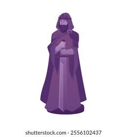 Vector illustration of a statue depicting a man in a cloak with a sword in medieval style. A classic element for royal locations and levels in games