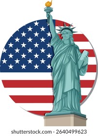 Vector illustration of the Statue of Liberty against a circular American flag backdrop, highlighting patriotic themes and iconic symbolism