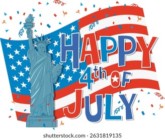 Vector illustration of the Statue of Liberty with American flag and festive elements in vibrant colors