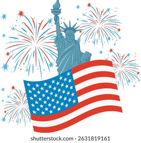 Vector illustration of the Statue of Liberty, American flag, and colorful fireworks. Patriotic theme with vibrant red, white, and blue colors