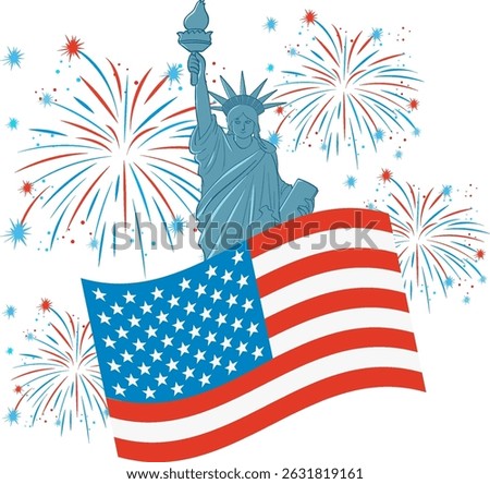 Vector illustration of the Statue of Liberty, American flag, and colorful fireworks. Patriotic theme with vibrant red, white, and blue colors