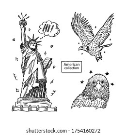 Vector illustration with the Statue of Liberty and an eagle. Collection of sketches for American holidays, print for T-shirts, cards, posters for Independence Day.