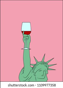 vector illustration, Statue of Liberty Liberty Enlightening the World with wine om pink background