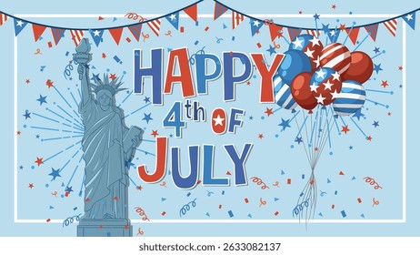 Vector illustration of the Statue of Liberty with festive balloons and banners in red, white, and blue colors