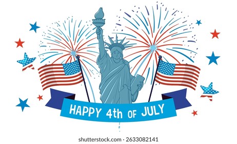 Vector illustration of the Statue of Liberty with fireworks, American flags, and patriotic colors celebrating Independence Day
