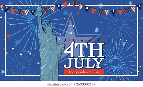 Vector illustration of the Statue of Liberty with fireworks and patriotic colors celebrating Independence Day