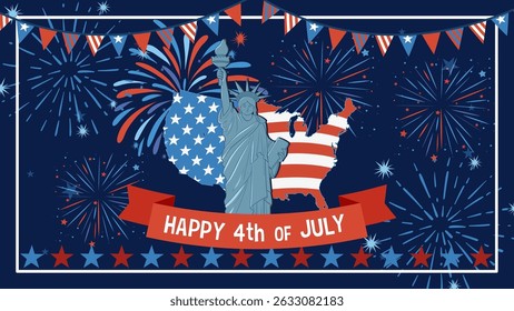 Vector illustration of the Statue of Liberty with fireworks and American flag elements in vibrant colors