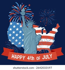 Vector illustration of the Statue of Liberty with fireworks and USA map in patriotic colors
